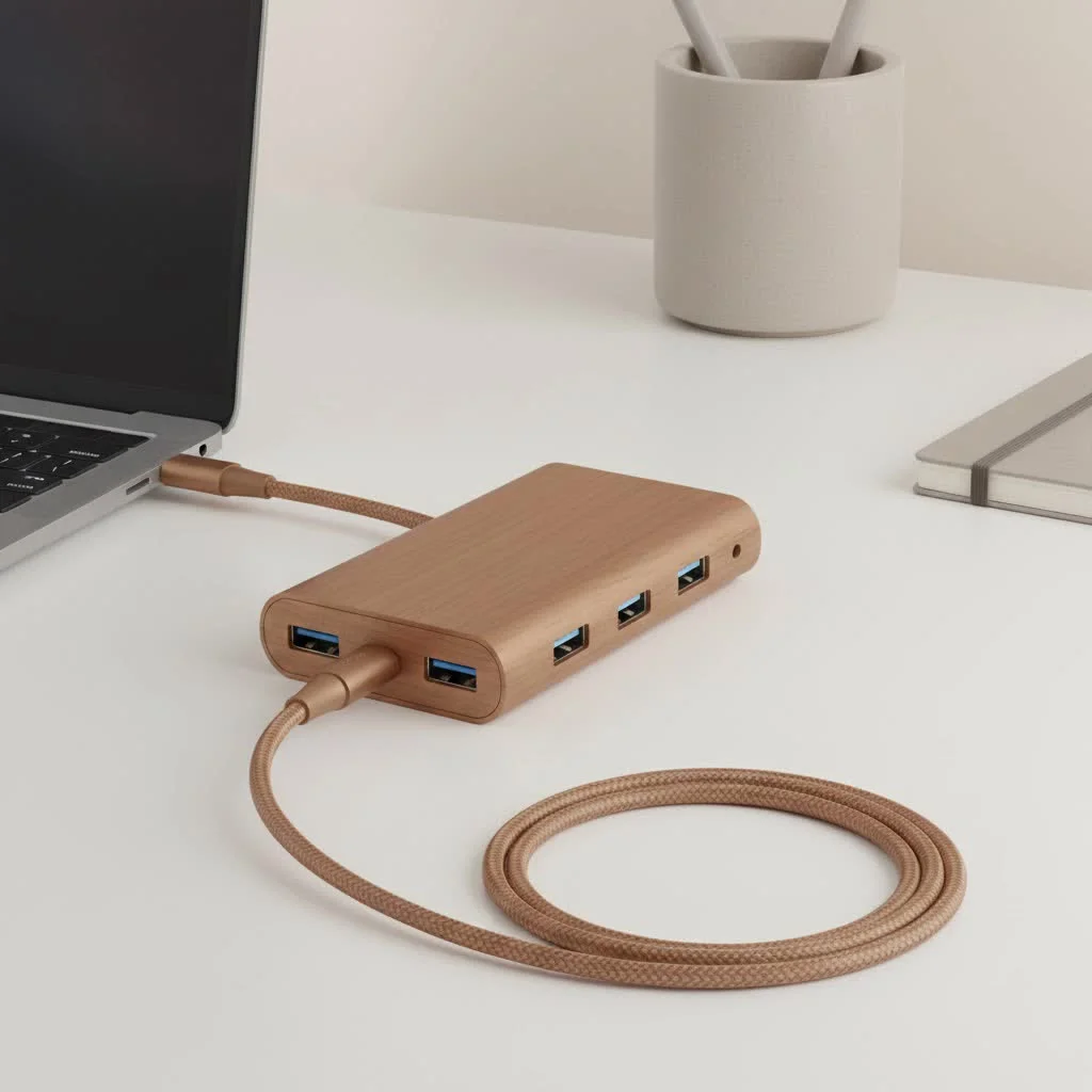 Four port USB hub connecting multiple devices
