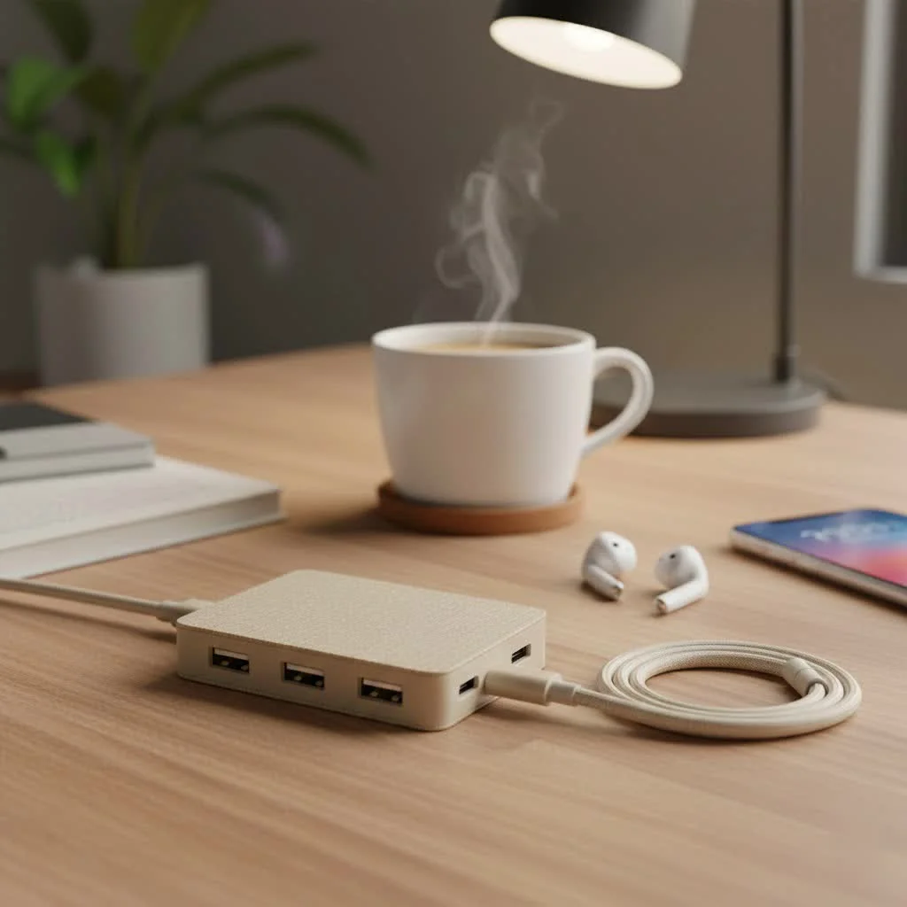Ethernet USB hub connecting a laptop to multiple peripherals and a wired network