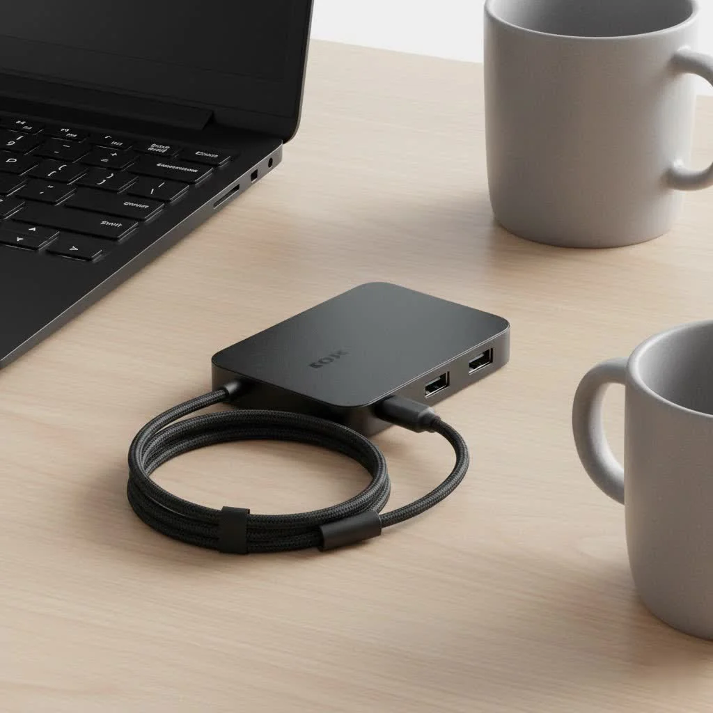 Ugreen USB C hub connecting multiple devices to a laptop
