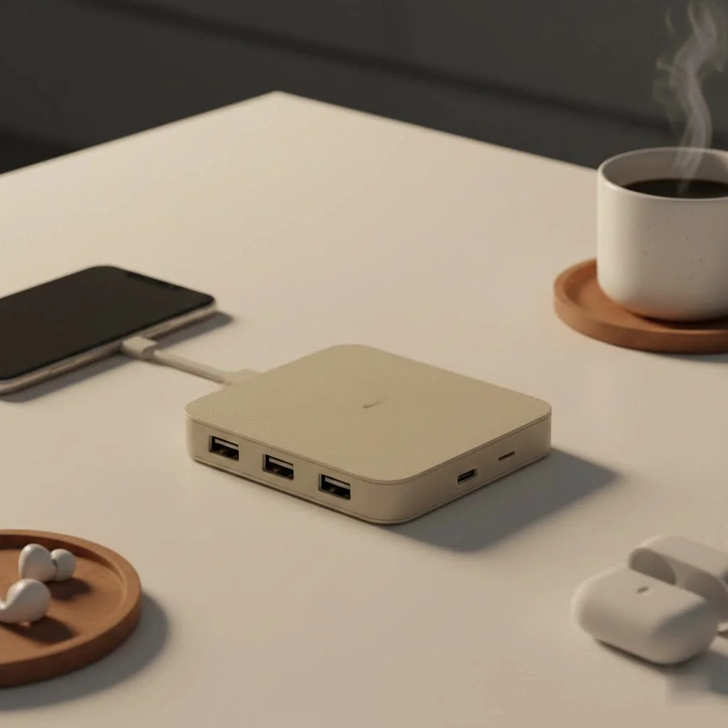 MacBook Pro connected to a multi-port USB-C hub with various devices
