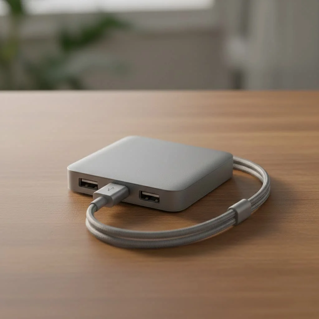 USB to Type C hub connecting multiple devices to a laptop