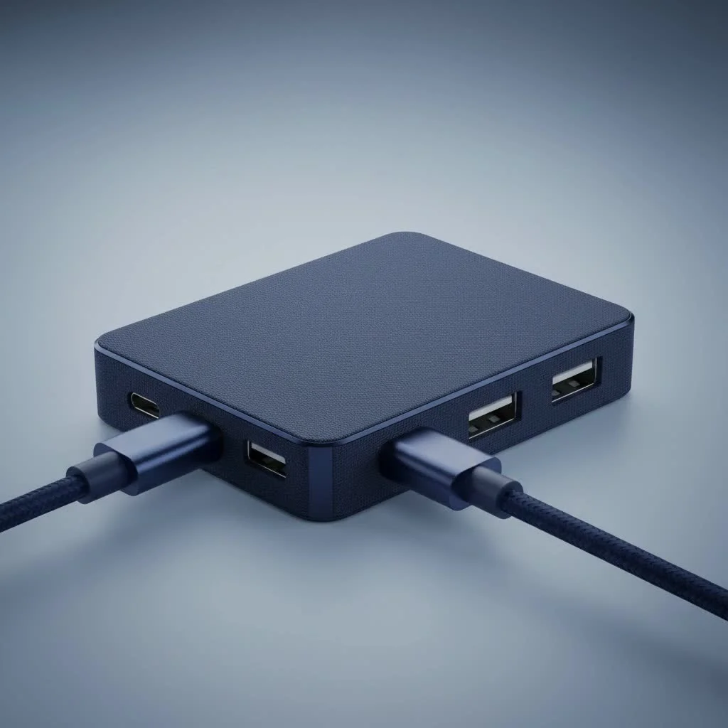 USB-C HDMI USB hub connecting a laptop to an external monitor and various peripherals