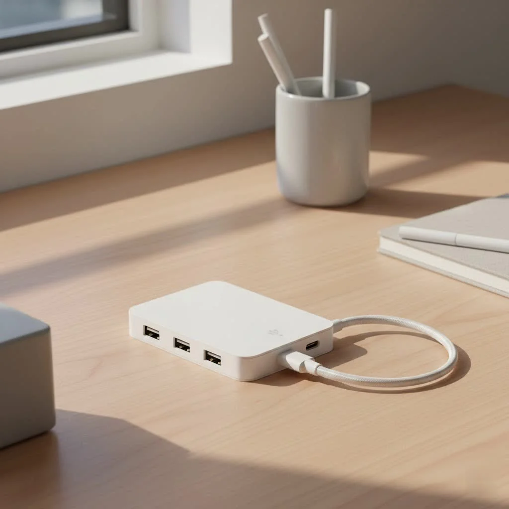 MacBook connected to a USB hub with multiple devices