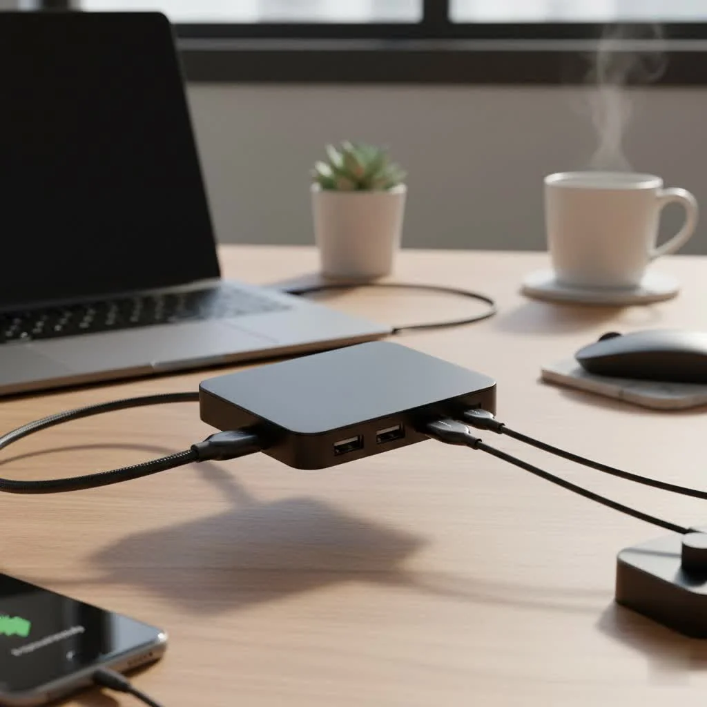 Powered USB C hub connecting multiple devices to a laptop