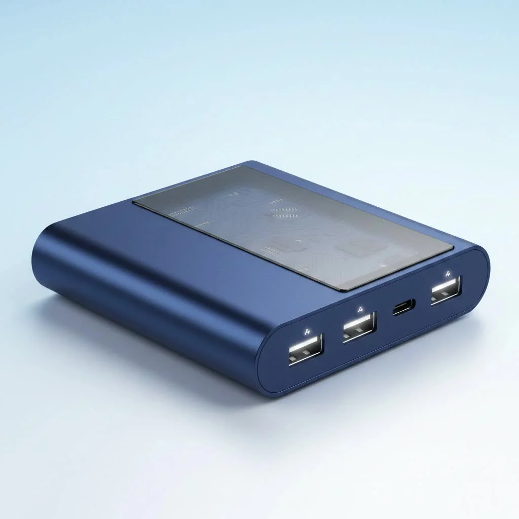 Multi port USB hub connecting various devices to a laptop