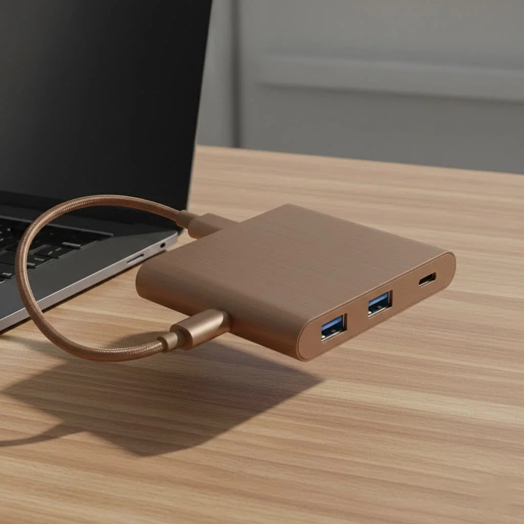 Powered USB hub connecting multiple devices to a laptop