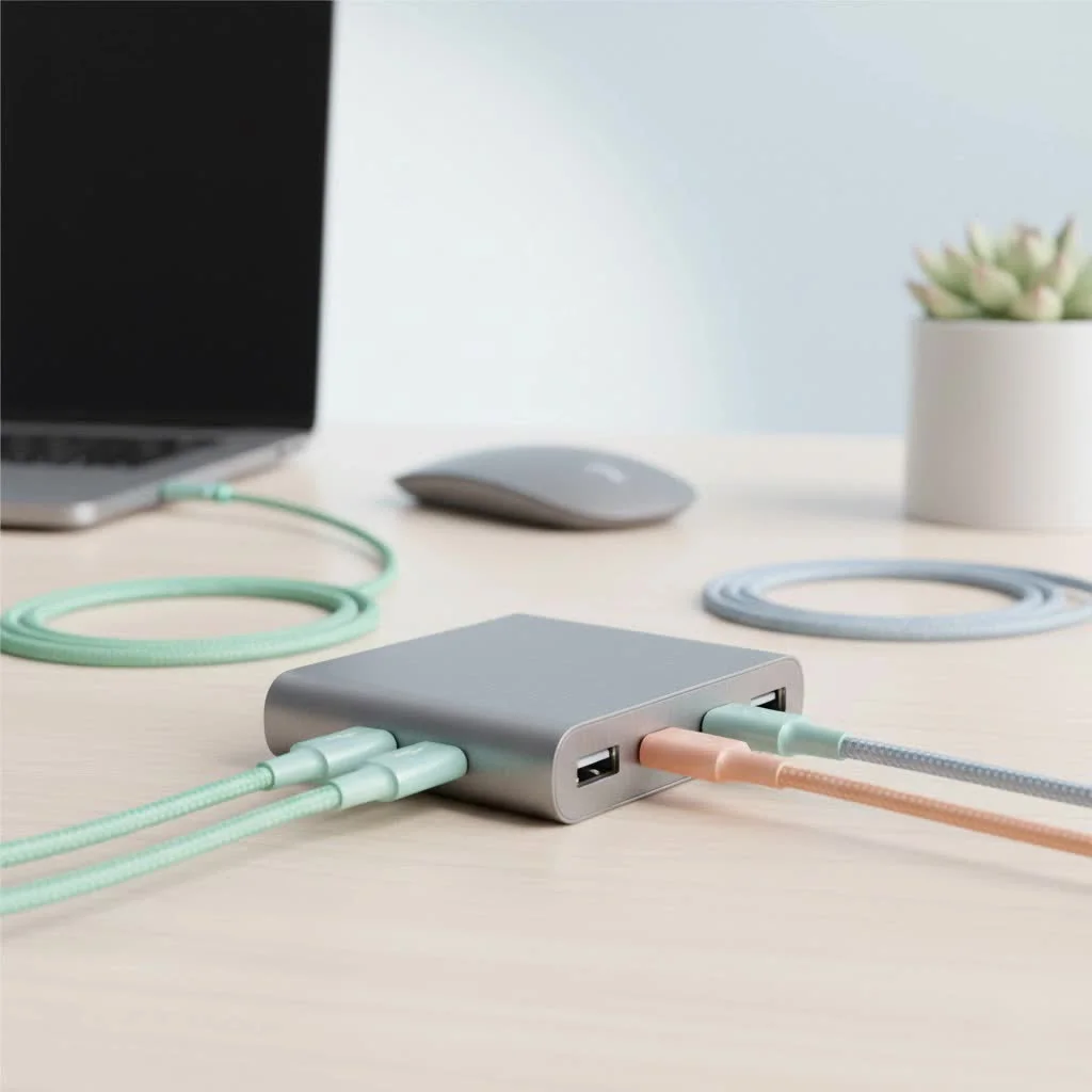 USB C to USB hub connecting multiple devices to a laptop