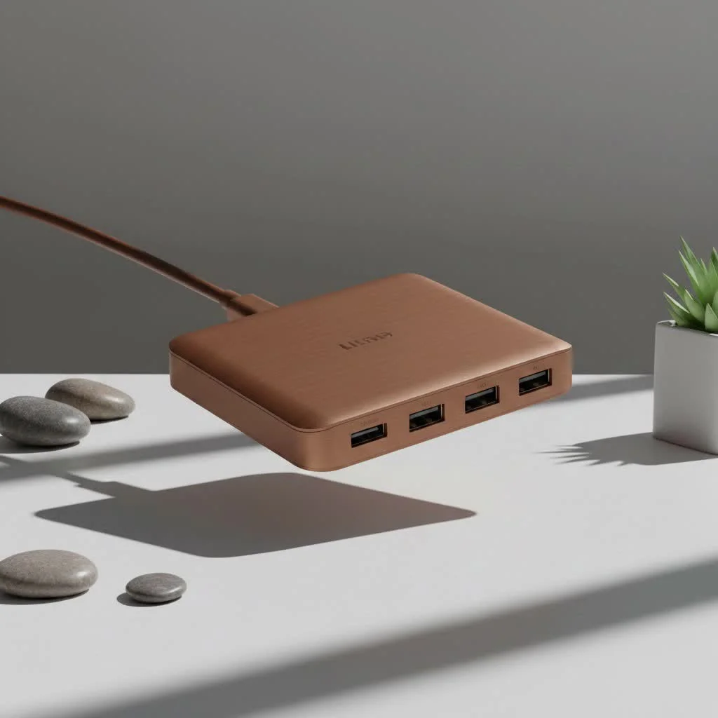 Close-up of a powered USB 3.0 hub with multiple devices connected