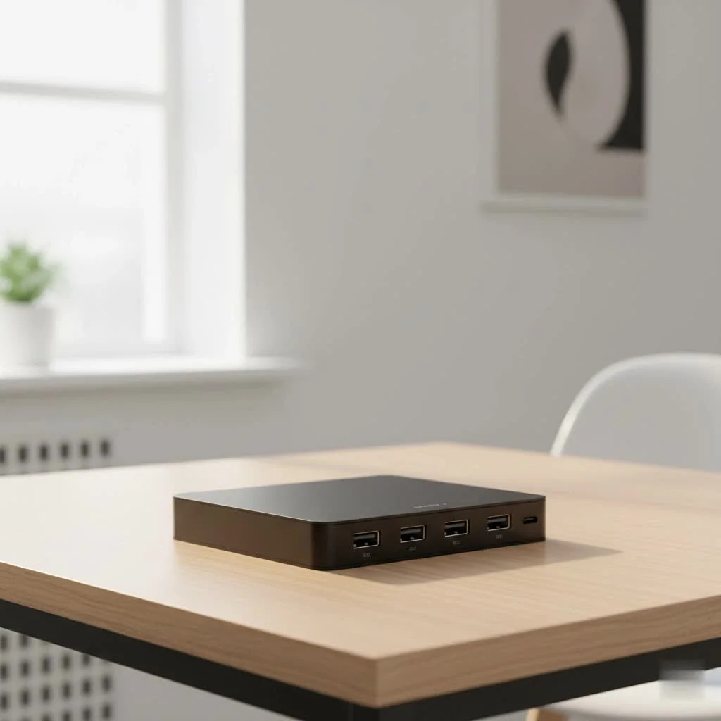 USB-C hub with HDMI, USB-A, and other ports connected to a laptop
