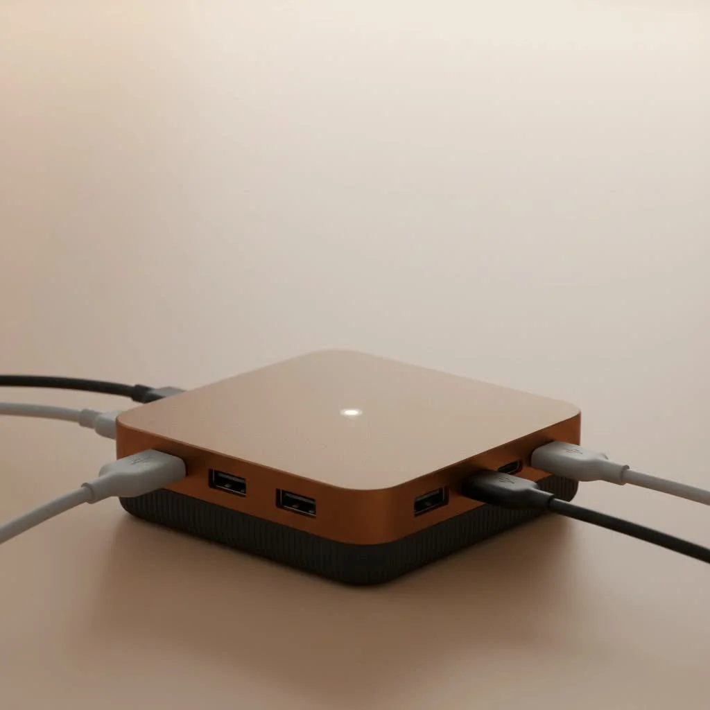 A sleek, silver USB-C hub connected to a laptop with multiple devices