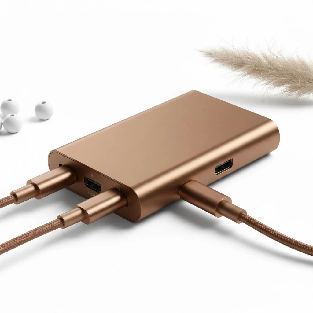 A sleek, silver USB Type C hub with multiple ports connected to a laptop.