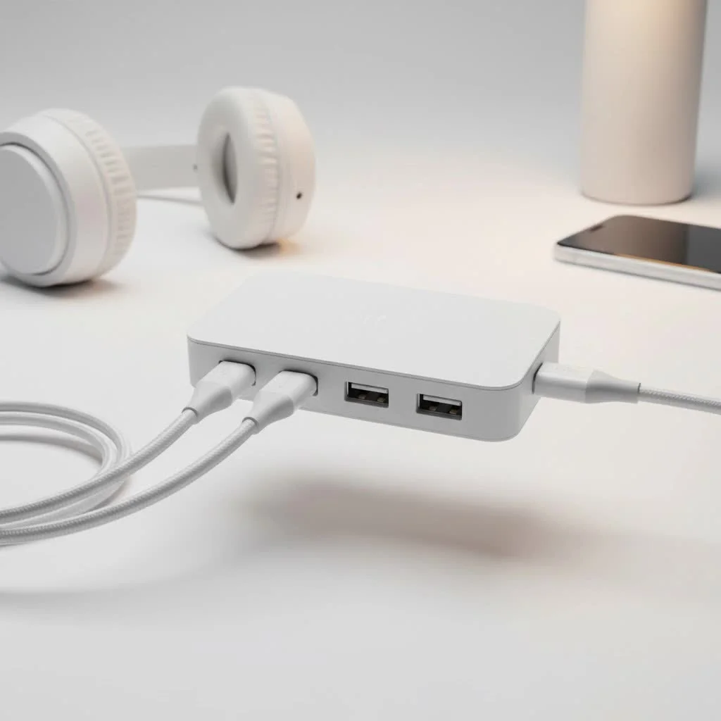 Desktop USB hub with multiple ports connected to various devices