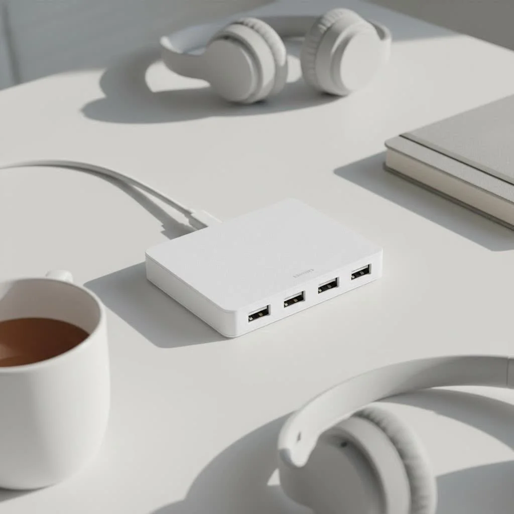 USB-C hub connected to a MacBook, showing multiple devices