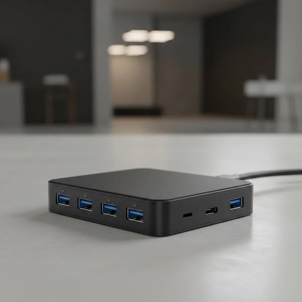 USB C hub connected to a laptop with multiple peripherals