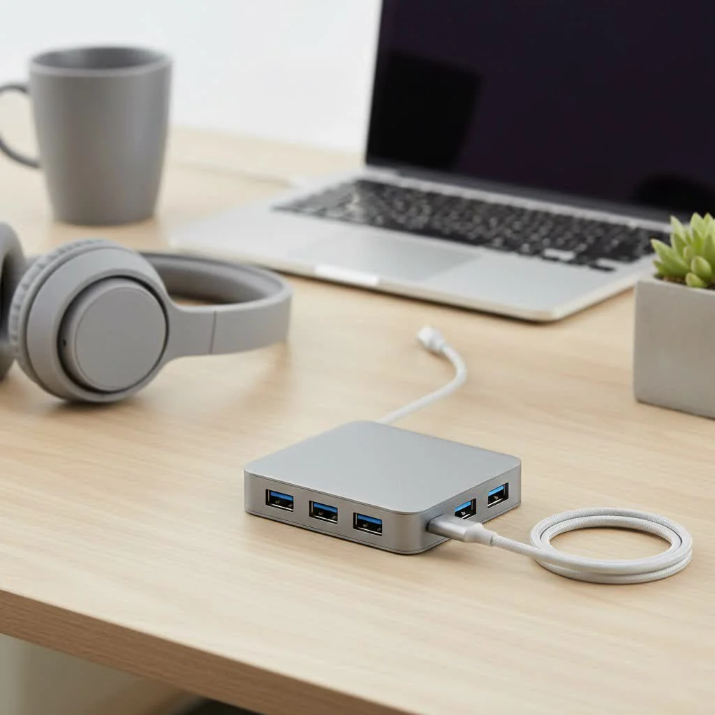 USB HDMI hub connecting multiple devices to a laptop
