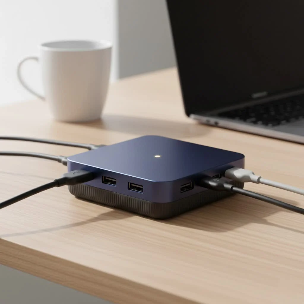 USB-C hub connected to a laptop with multiple peripherals