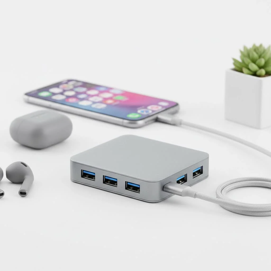 USB to USB-C hub connecting multiple devices to a laptop
