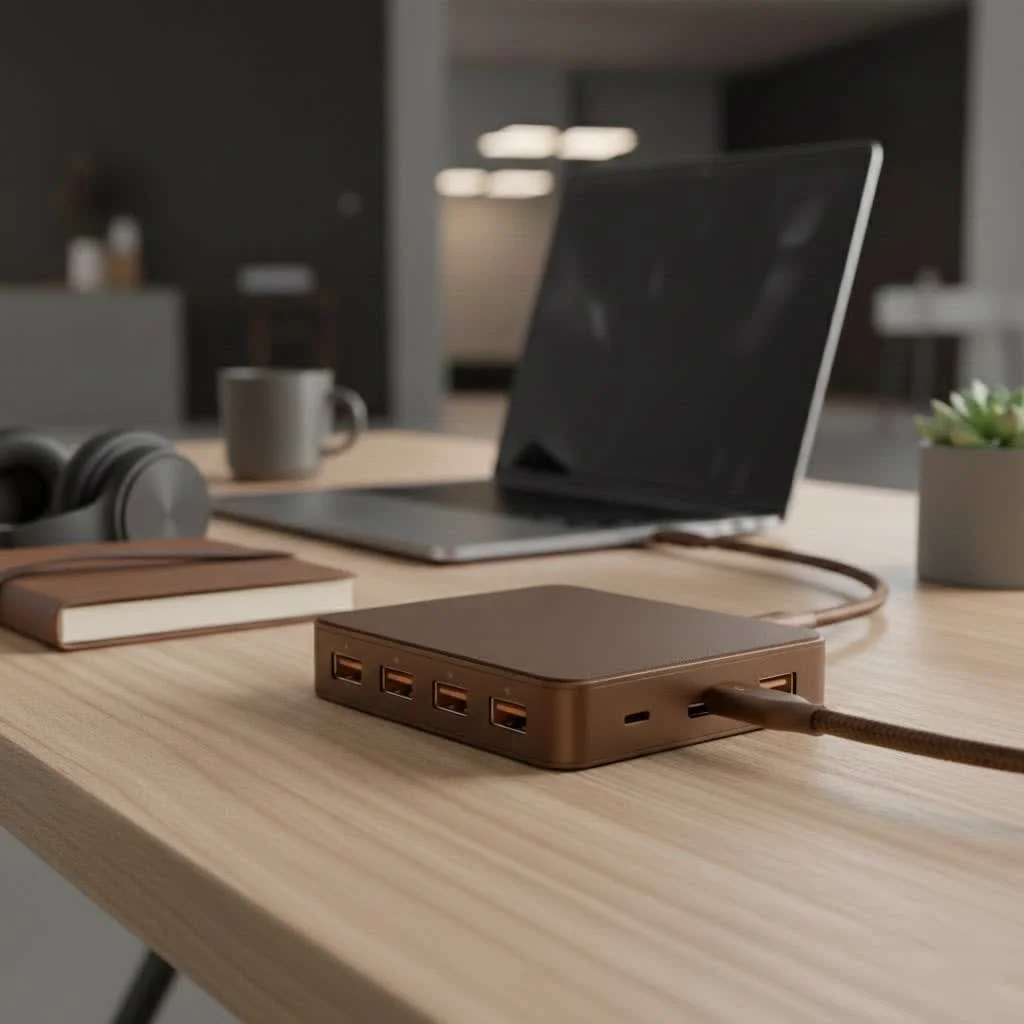 Four port USB hub connecting multiple devices to a laptop