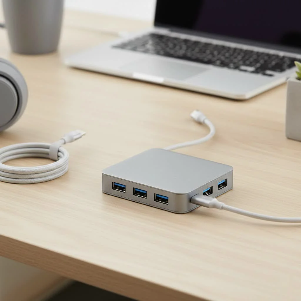 StarTech USB hub connecting multiple devices to a laptop