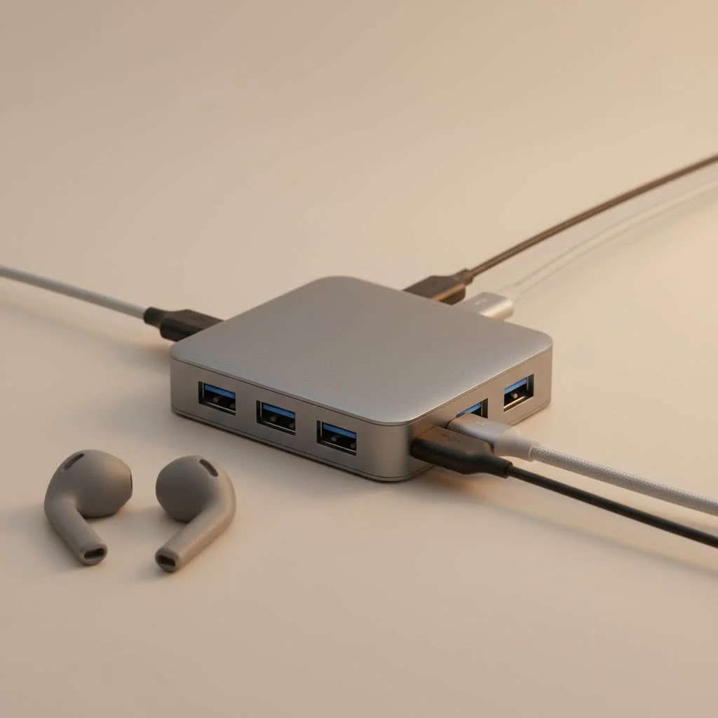 USB C hub adapter connecting multiple devices to a laptop