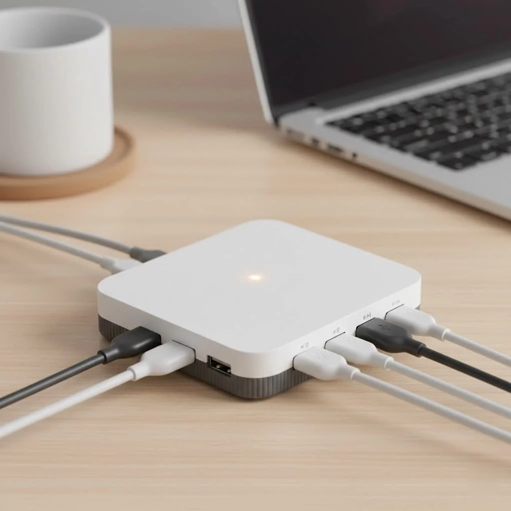 USB hub connecting multiple devices to a laptop