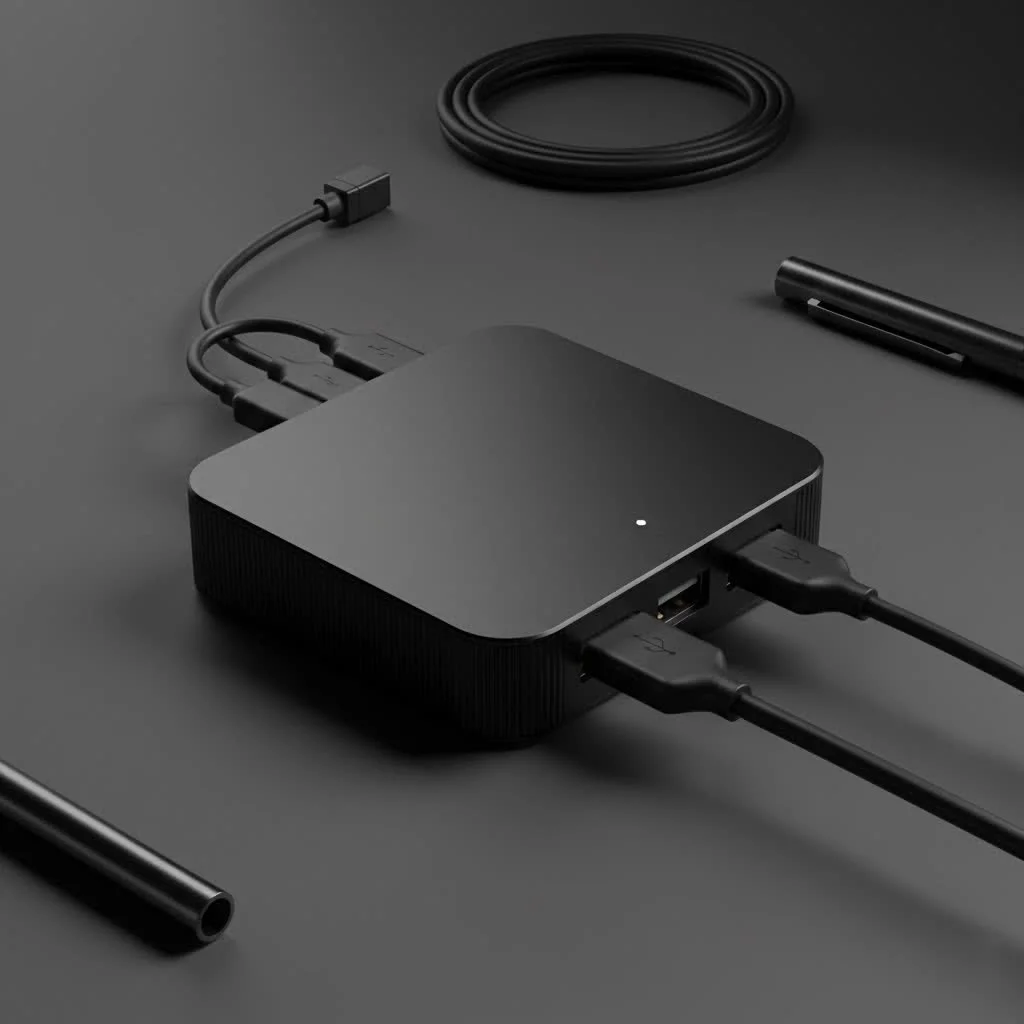 Anker USB hub connecting multiple devices to a laptop